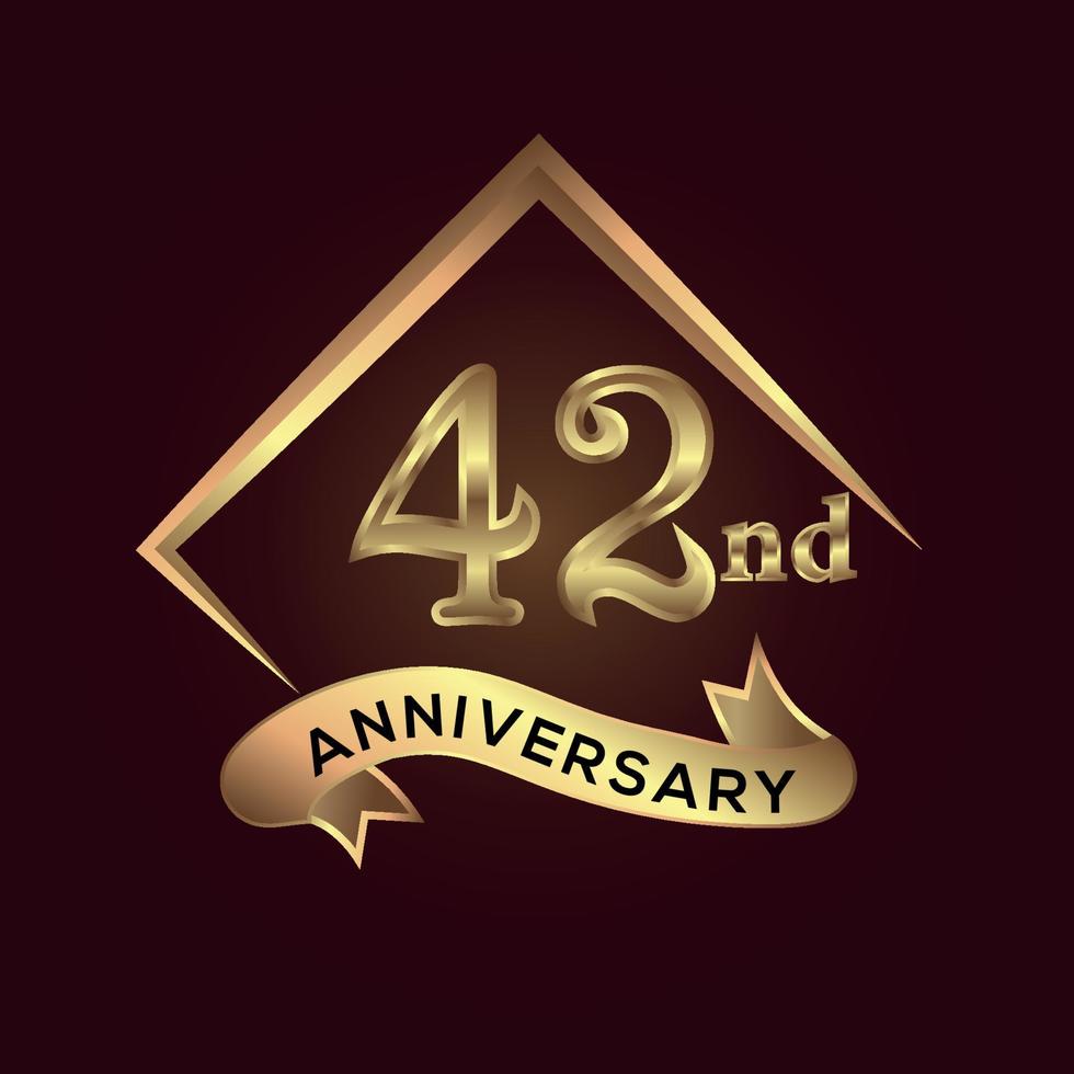 42 year anniversary celebration. Anniversary logo with square and elegance golden colour isolated on red background, vector design for celebration, invitation card, and greeting card