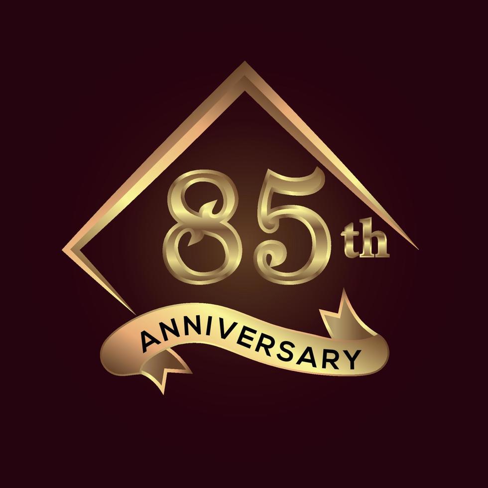 85 year anniversary celebration. Anniversary logo with square and elegance golden colour isolated on red background, vector design for celebration, invitation card, and greeting card