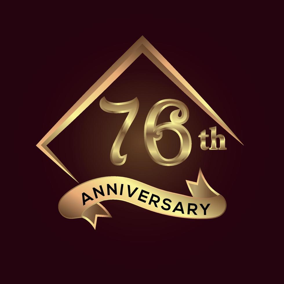 76 year anniversary celebration. Anniversary logo with square and elegance golden colour isolated on red background, vector design for celebration, invitation card, and greeting card