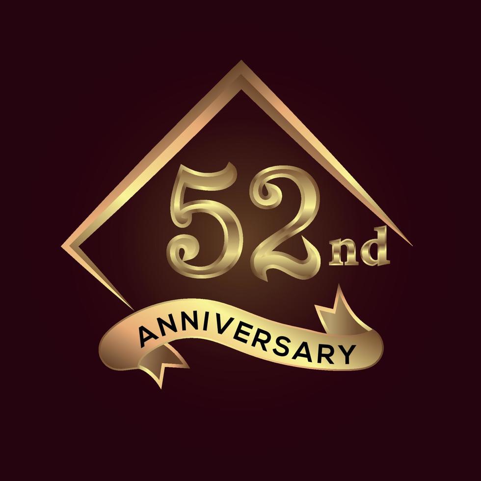 52 year anniversary celebration. Anniversary logo with square and elegance golden colour isolated on red background, vector design for celebration, invitation card, and greeting card