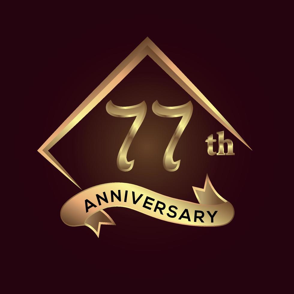 77 year anniversary celebration. Anniversary logo with square and elegance golden colour isolated on red background, vector design for celebration, invitation card, and greeting card