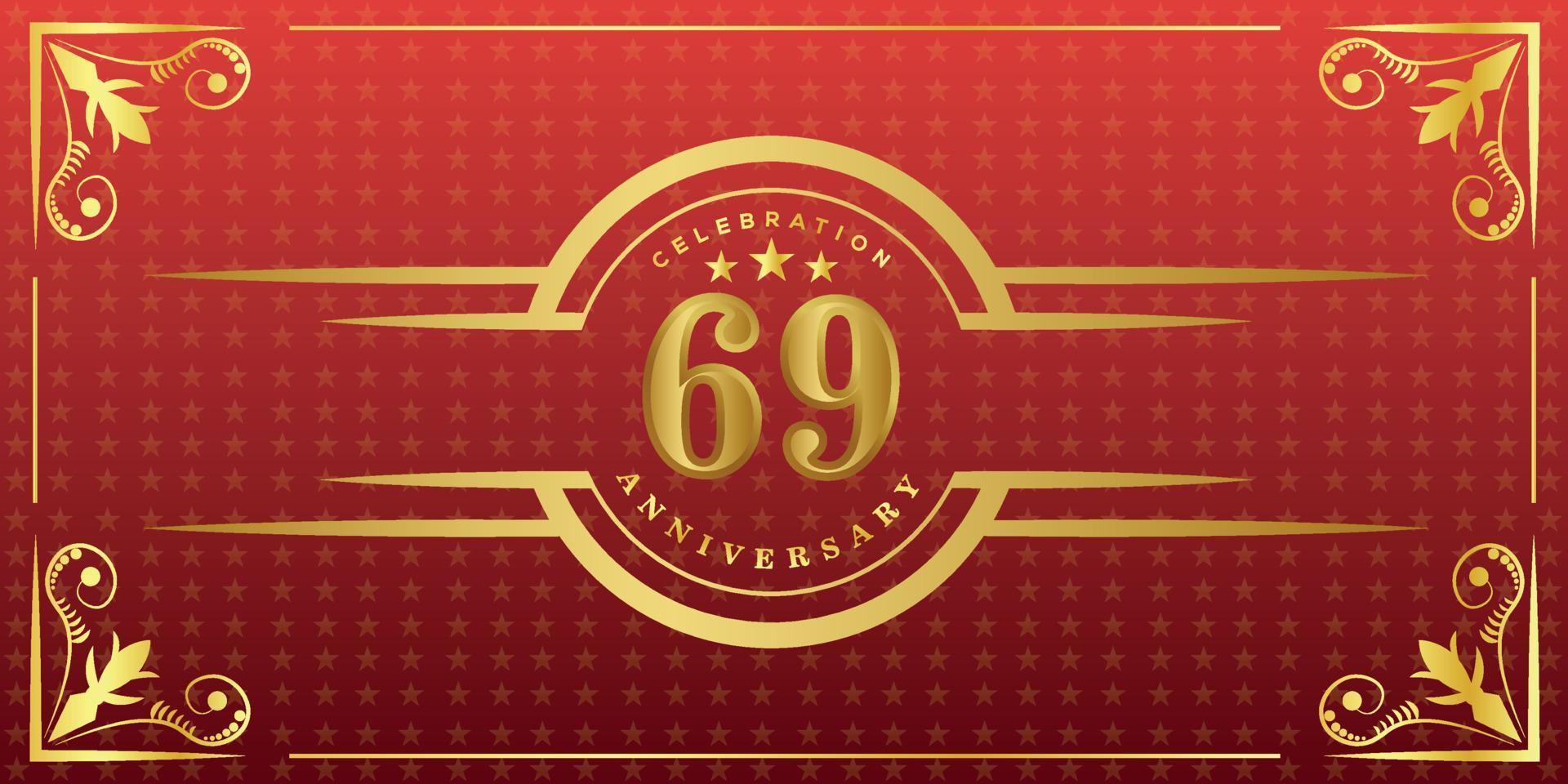 69th anniversary logo with golden ring, confetti and gold border isolated on elegant red background, sparkle, vector design for greeting card and invitation card