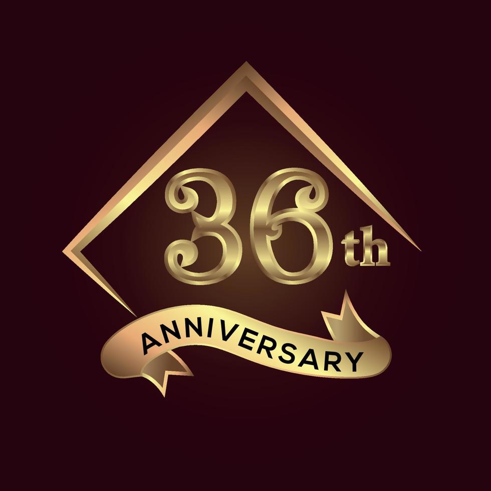 36 year anniversary celebration. Anniversary logo with square and elegance golden colour isolated on red background, vector design for celebration, invitation card, and greeting card