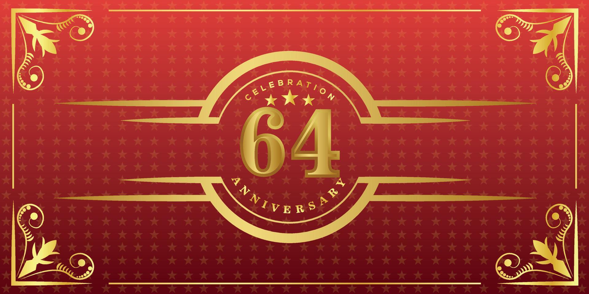 64th anniversary logo with golden ring, confetti and gold border isolated on elegant red background, sparkle, vector design for greeting card and invitation card
