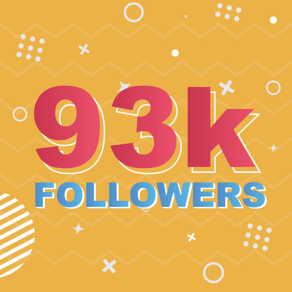 Vector de celebración de tarjeta de 93k seguidores. 90000 seguidores felicitaciones post plantilla de redes sociales. diseño colorido moderno.