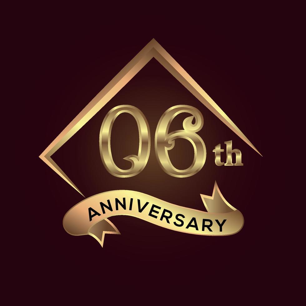 06 year anniversary celebration. Anniversary logo with square and elegance golden colour isolated on red background, vector design for celebration, invitation card, and greeting card