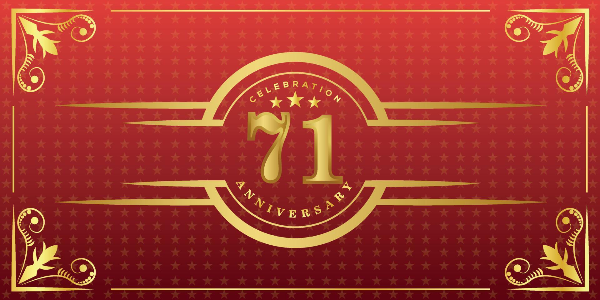 71st anniversary logo with golden ring, confetti and gold border isolated on elegant red background, sparkle, vector design for greeting card and invitation card