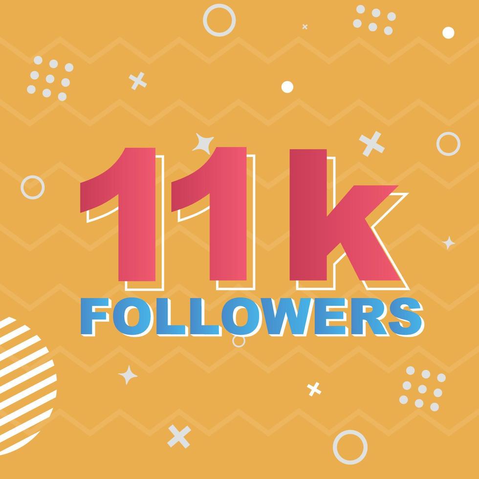 Vector de celebración de tarjeta de 11k seguidores. 90000 seguidores felicitaciones post plantilla de redes sociales. diseño colorido moderno.
