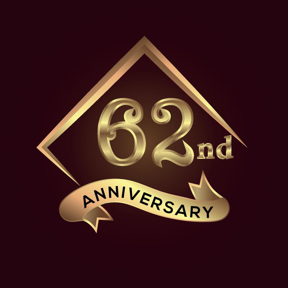 62 year anniversary celebration. Anniversary logo with square and elegance golden colour isolated on red background, vector design for celebration, invitation card, and greeting card