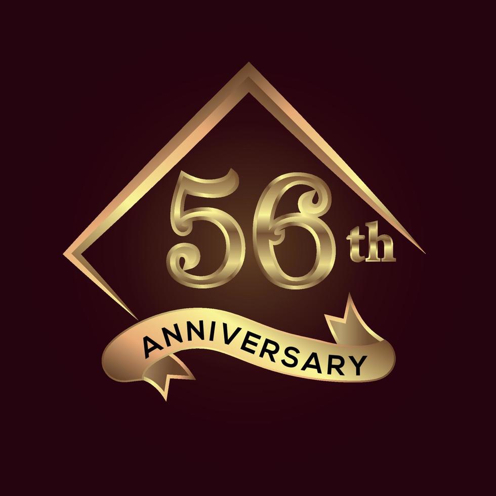 56 year anniversary celebration. Anniversary logo with square and elegance golden colour isolated on red background, vector design for celebration, invitation card, and greeting card