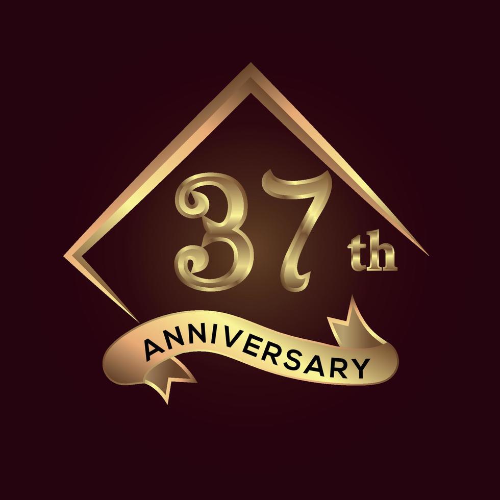 37 year anniversary celebration. Anniversary logo with square and elegance golden colour isolated on red background, vector design for celebration, invitation card, and greeting card