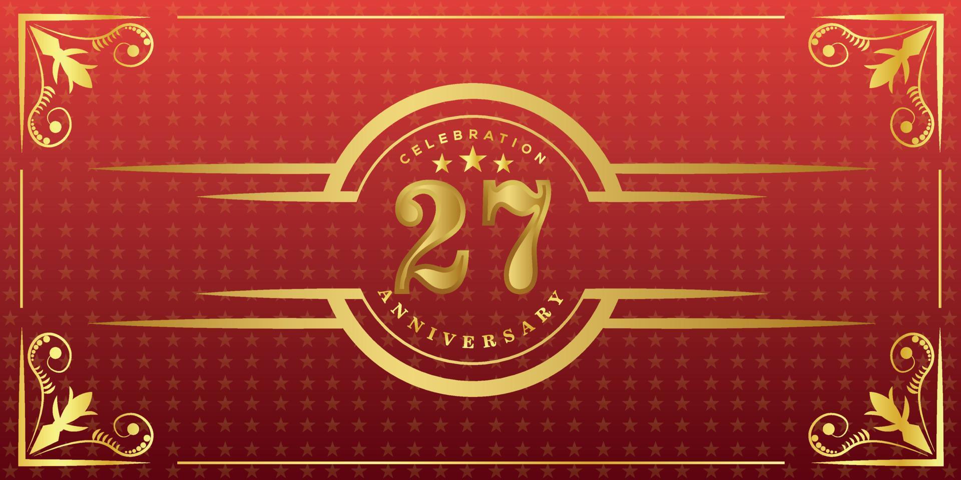 27th anniversary logo with golden ring, confetti and gold border isolated on elegant red background, sparkle, vector design for greeting card and invitation card