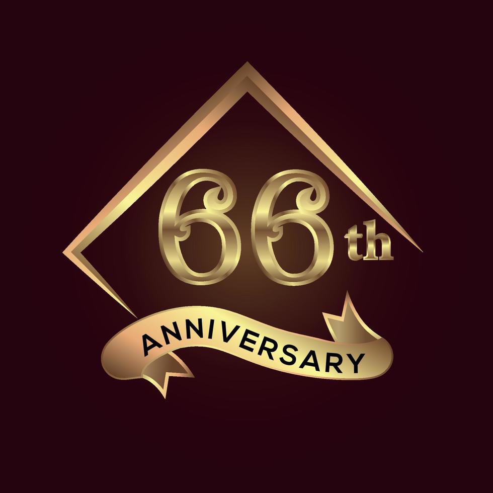 66 year anniversary celebration. Anniversary logo with square and elegance golden colour isolated on red background, vector design for celebration, invitation card, and greeting card