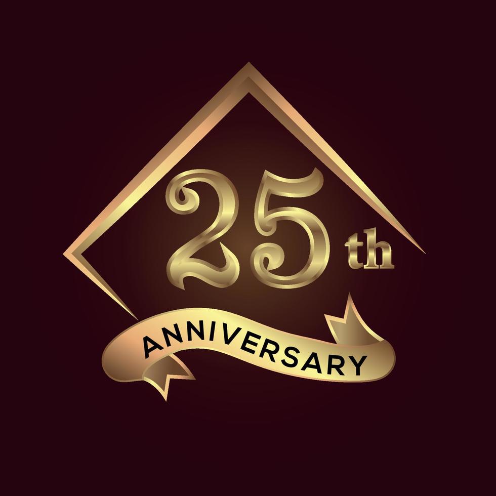 25 year anniversary celebration. Anniversary logo with square and elegance golden colour isolated on red background, vector design for celebration, invitation card, and greeting card