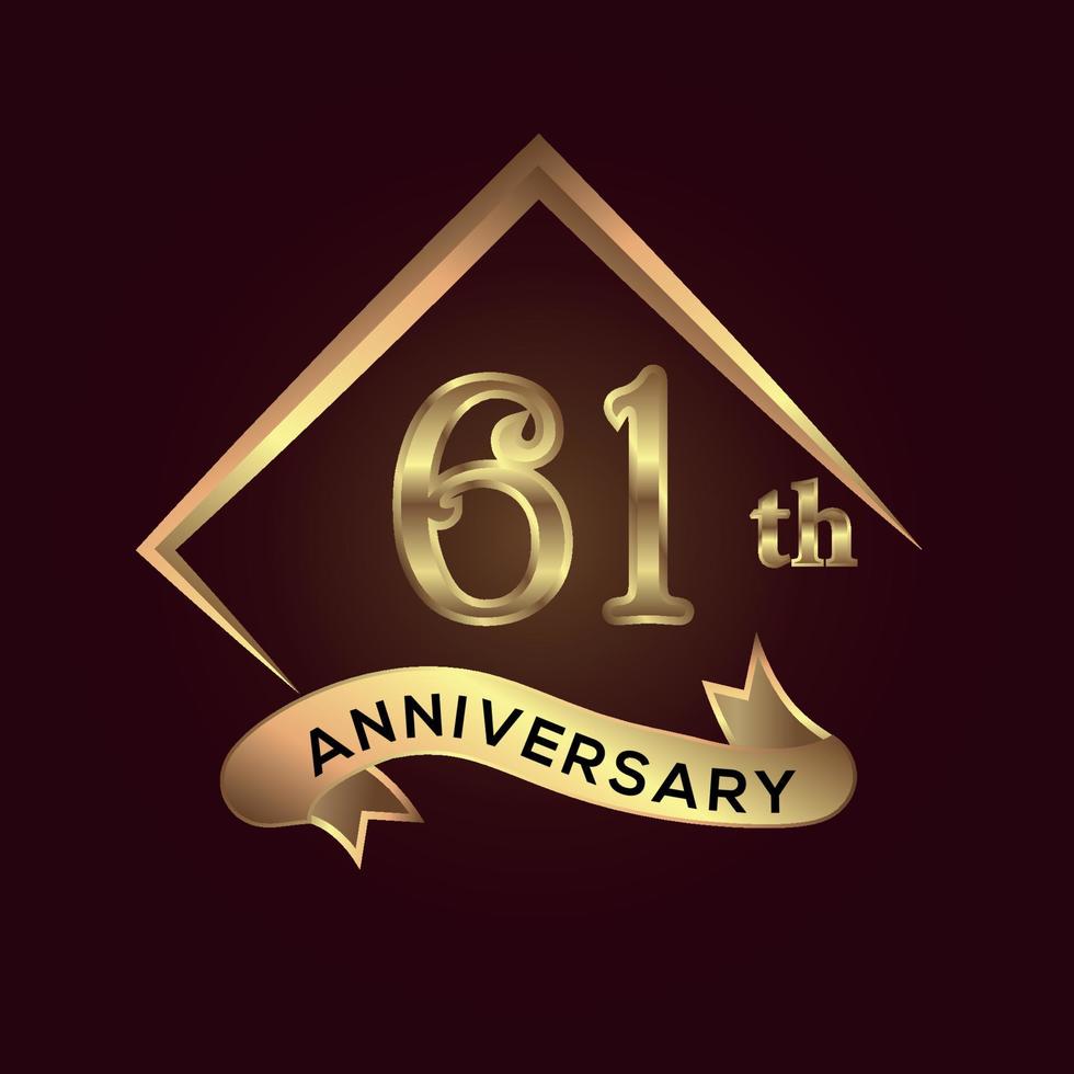 61 year anniversary celebration. Anniversary logo with square and elegance golden colour isolated on red background, vector design for celebration, invitation card, and greeting card
