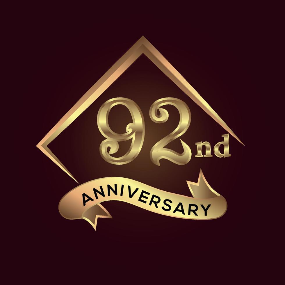 92 year anniversary celebration. Anniversary logo with square and elegance golden colour isolated on red background, vector design for celebration, invitation card, and greeting card
