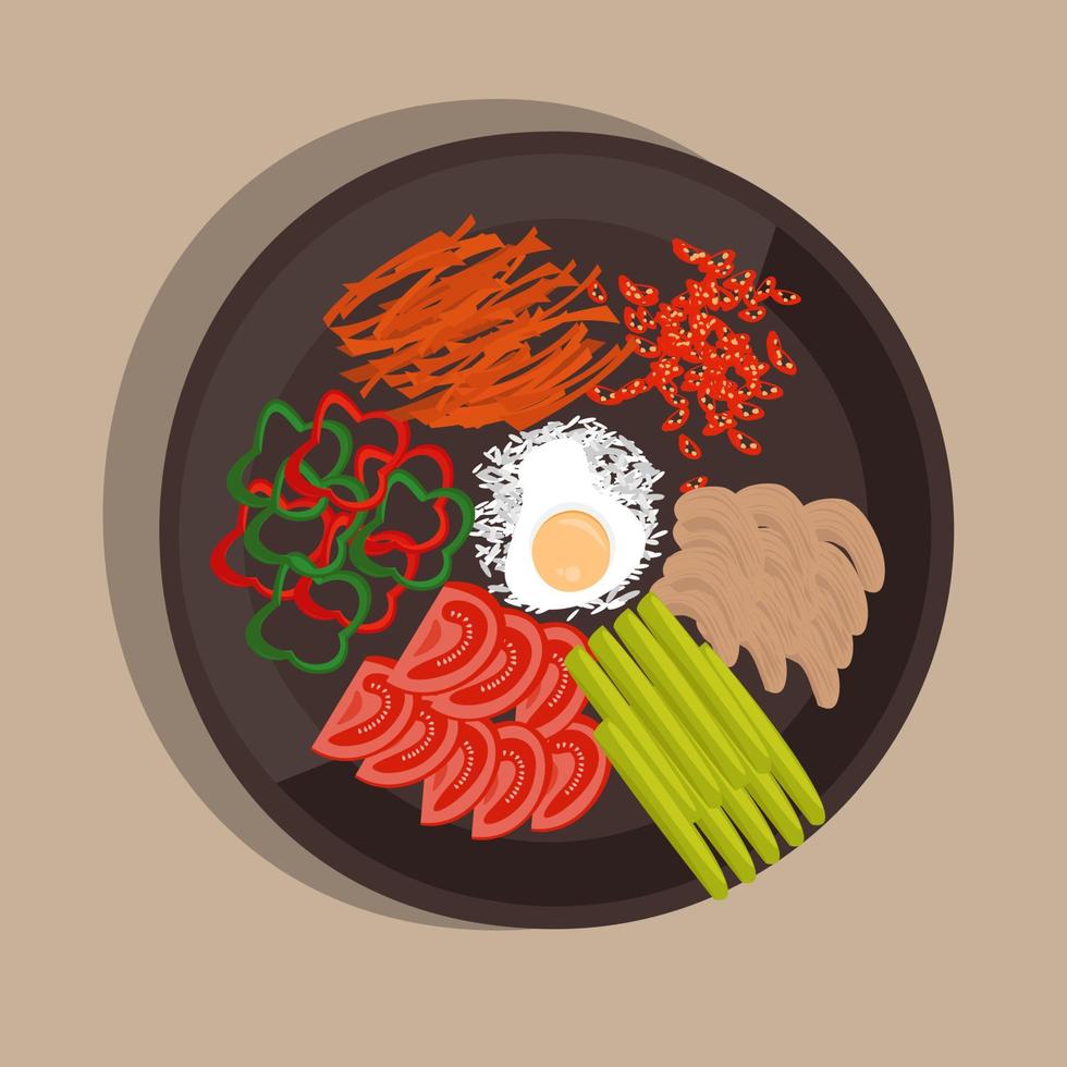 Asian national cuisine vegetable cuts with meat and egg. Vector illustration.