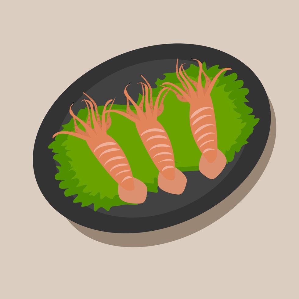 Chinese national cuisine, fried octopus on lettuce. Vector illustration.