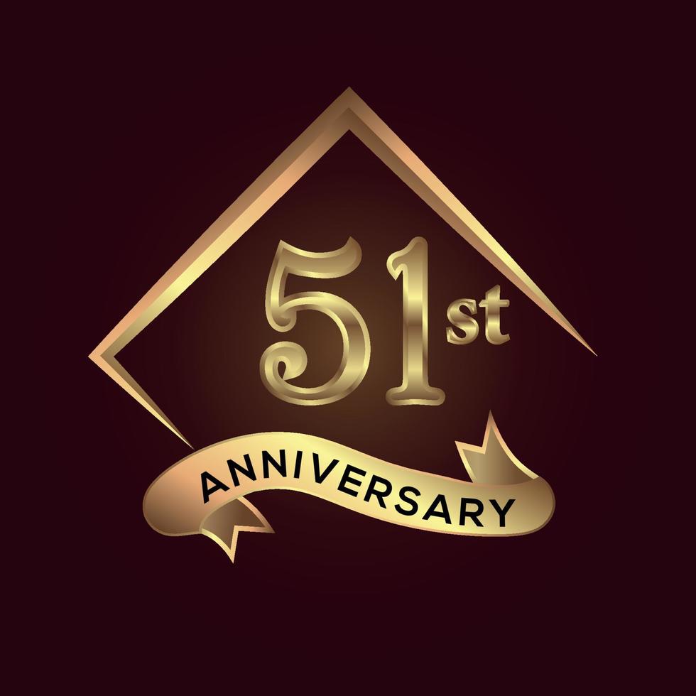 51 year anniversary celebration. Anniversary logo with square and elegance golden colour isolated on red background, vector design for celebration, invitation card, and greeting card