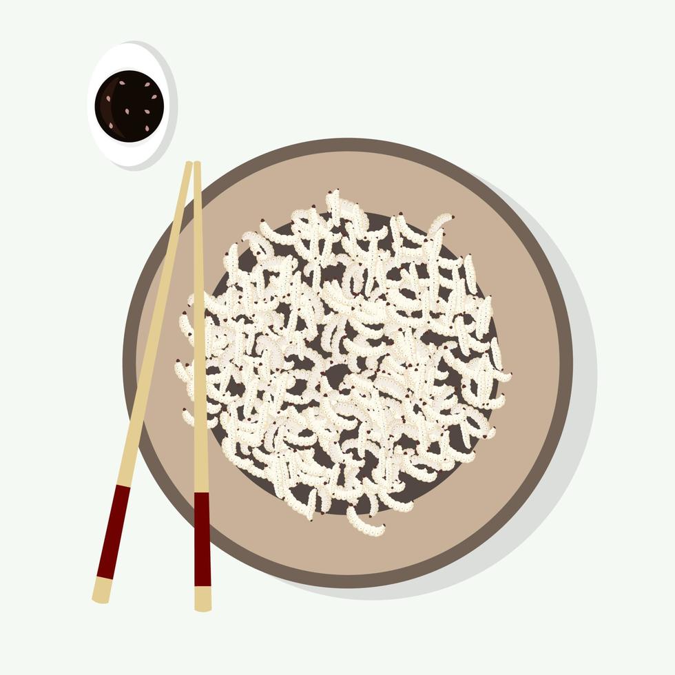 Bamboo worm, a weird Chinese food vector illustration. Worms on a plate next to soy sauce and chopsticks