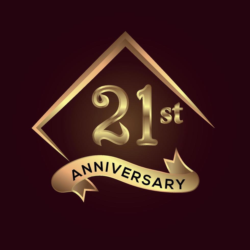 21 year anniversary celebration. Anniversary logo with square and elegance golden colour isolated on red background, vector design for celebration, invitation card, and greeting card