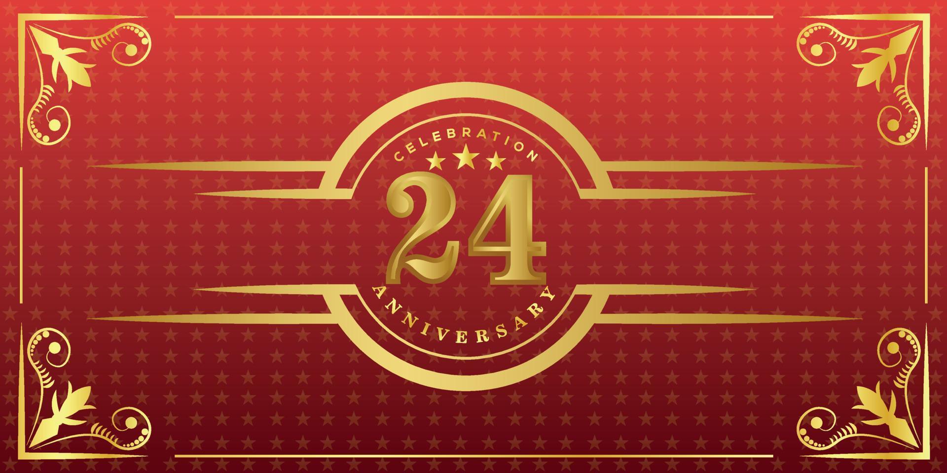 Logotipo del 24º aniversario con anillo dorado, confeti y borde dorado aislado en un elegante fondo rojo, brillo, diseño vectorial para tarjetas de felicitación y tarjetas de invitación vector