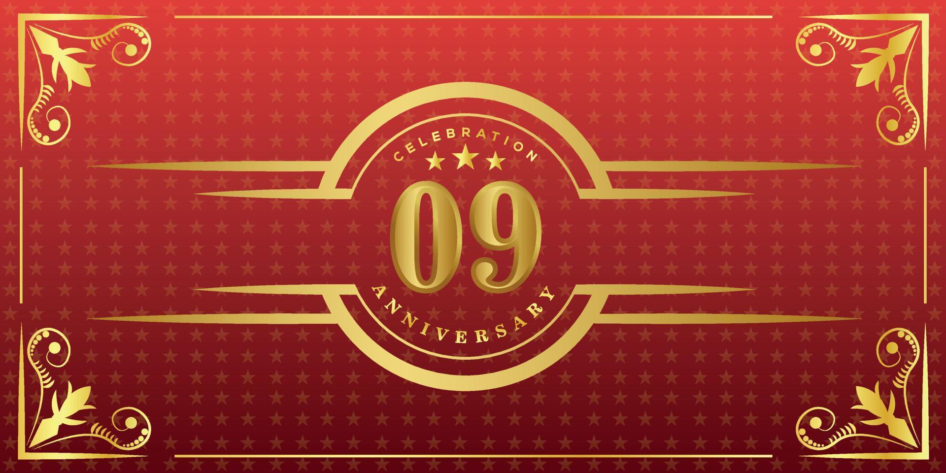 09th anniversary logo with golden ring, confetti and gold border isolated on elegant red background, sparkle, vector design for greeting card and invitation card