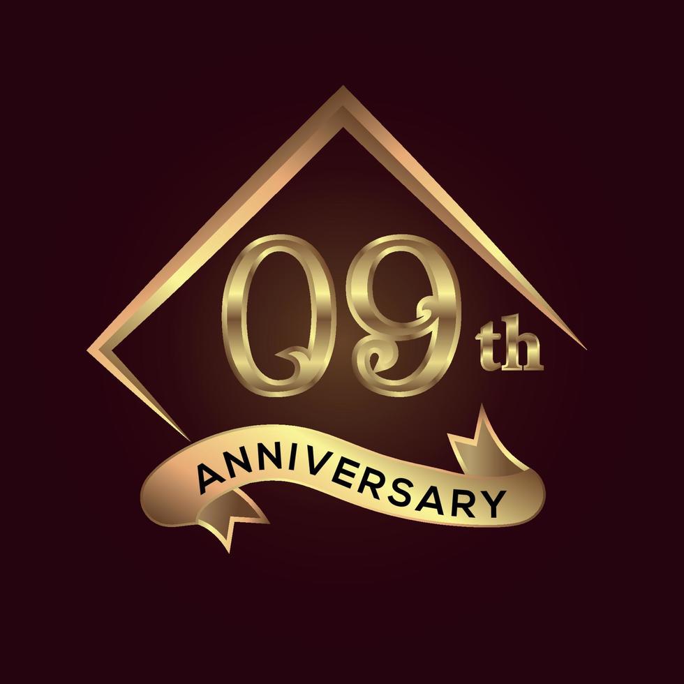 09 year anniversary celebration. Anniversary logo with square and elegance golden colour isolated on red background, vector design for celebration, invitation card, and greeting card