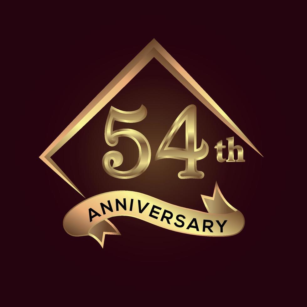 54 year anniversary celebration. Anniversary logo with square and elegance golden colour isolated on red background, vector design for celebration, invitation card, and greeting card