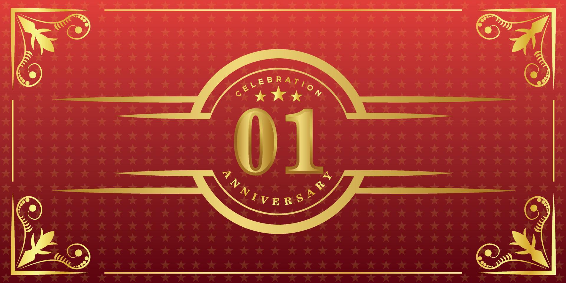 01st anniversary logo with golden ring, confetti and gold border isolated on elegant red background, sparkle, vector design for greeting card and invitation card