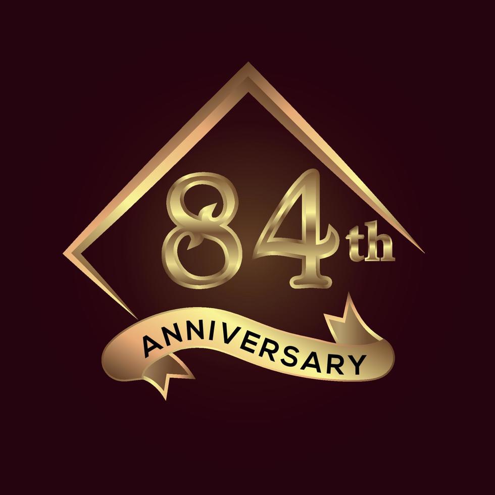 84 year anniversary celebration. Anniversary logo with square and elegance golden colour isolated on red background, vector design for celebration, invitation card, and greeting card