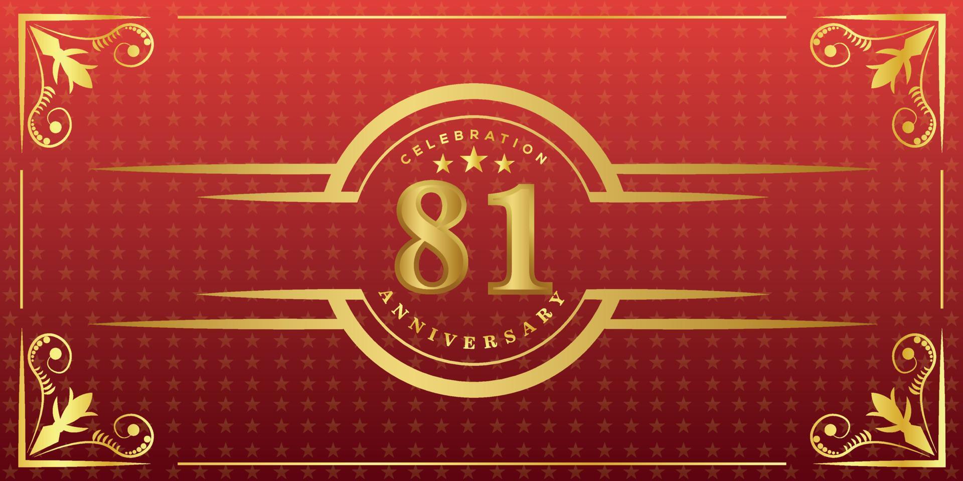 81st anniversary logo with golden ring, confetti and gold border isolated on elegant red background, sparkle, vector design for greeting card and invitation card