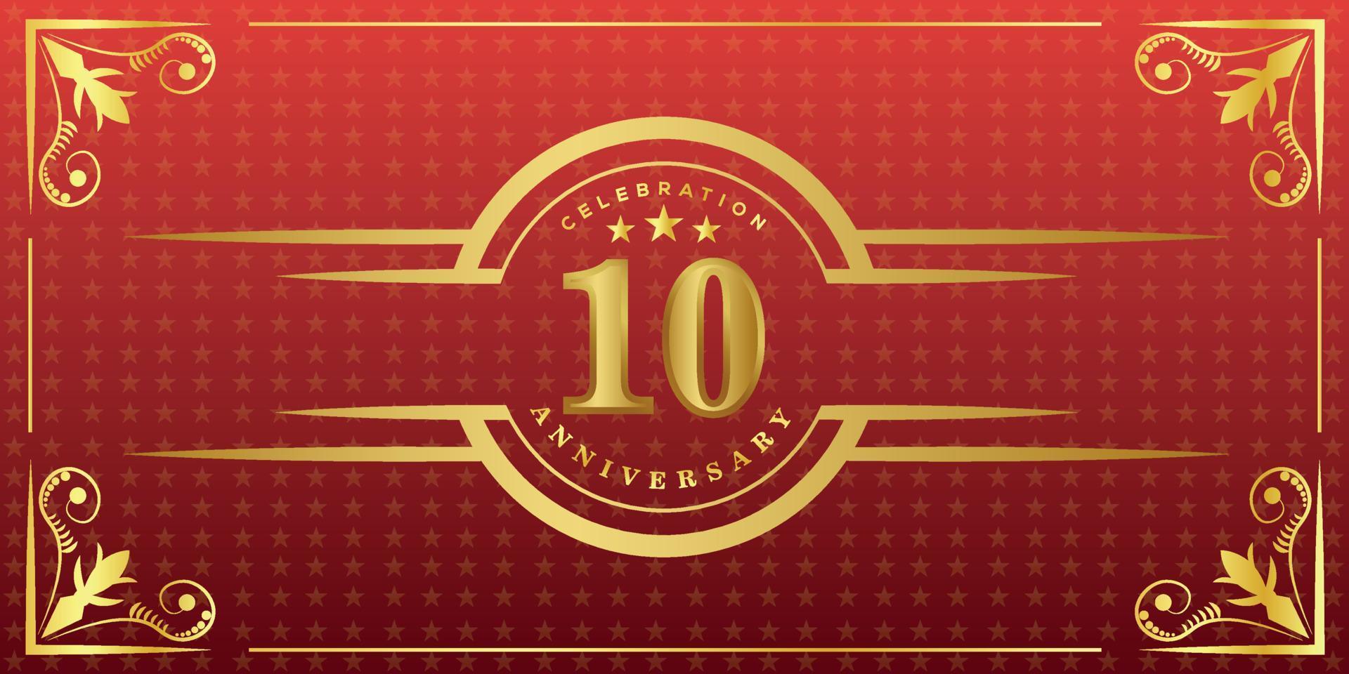 10th anniversary logo with golden ring, confetti and gold border isolated on elegant red background, sparkle, vector design for greeting card and invitation card
