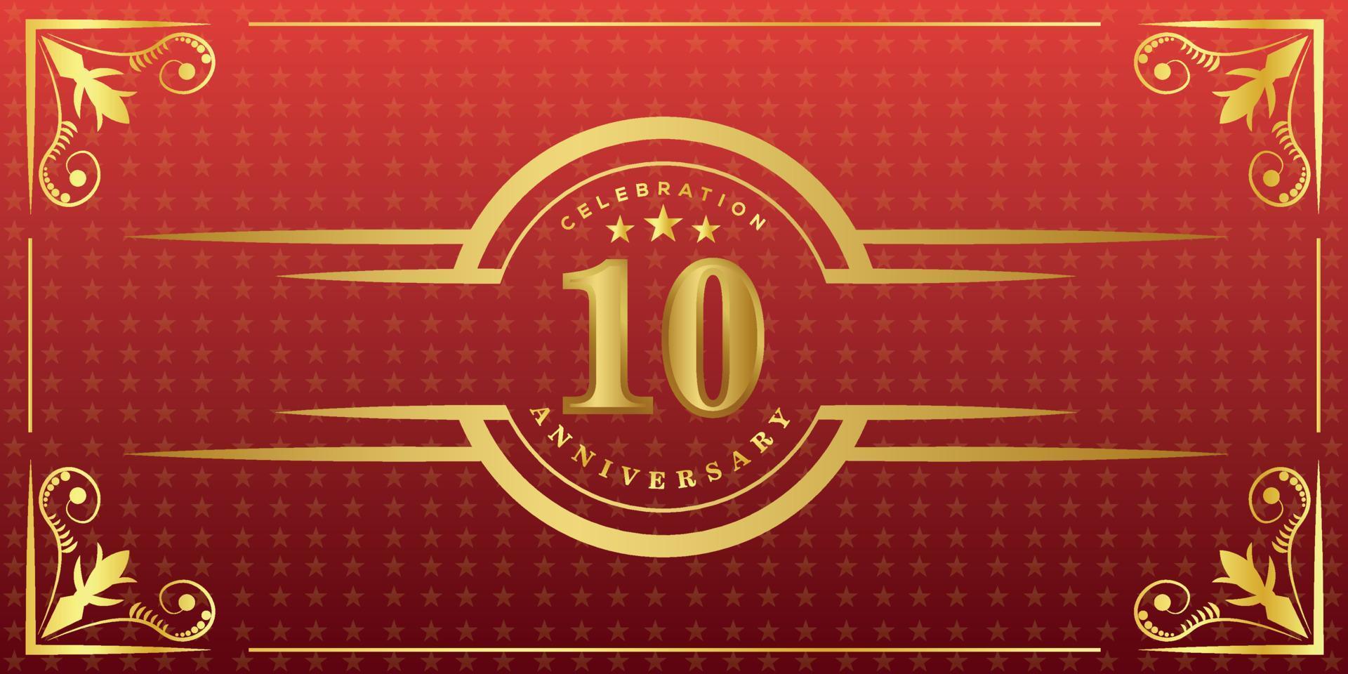 Logotipo del décimo aniversario con anillo dorado, confeti y borde dorado aislado en un elegante fondo rojo, brillo, diseño vectorial para tarjetas de felicitación y tarjetas de invitación vector