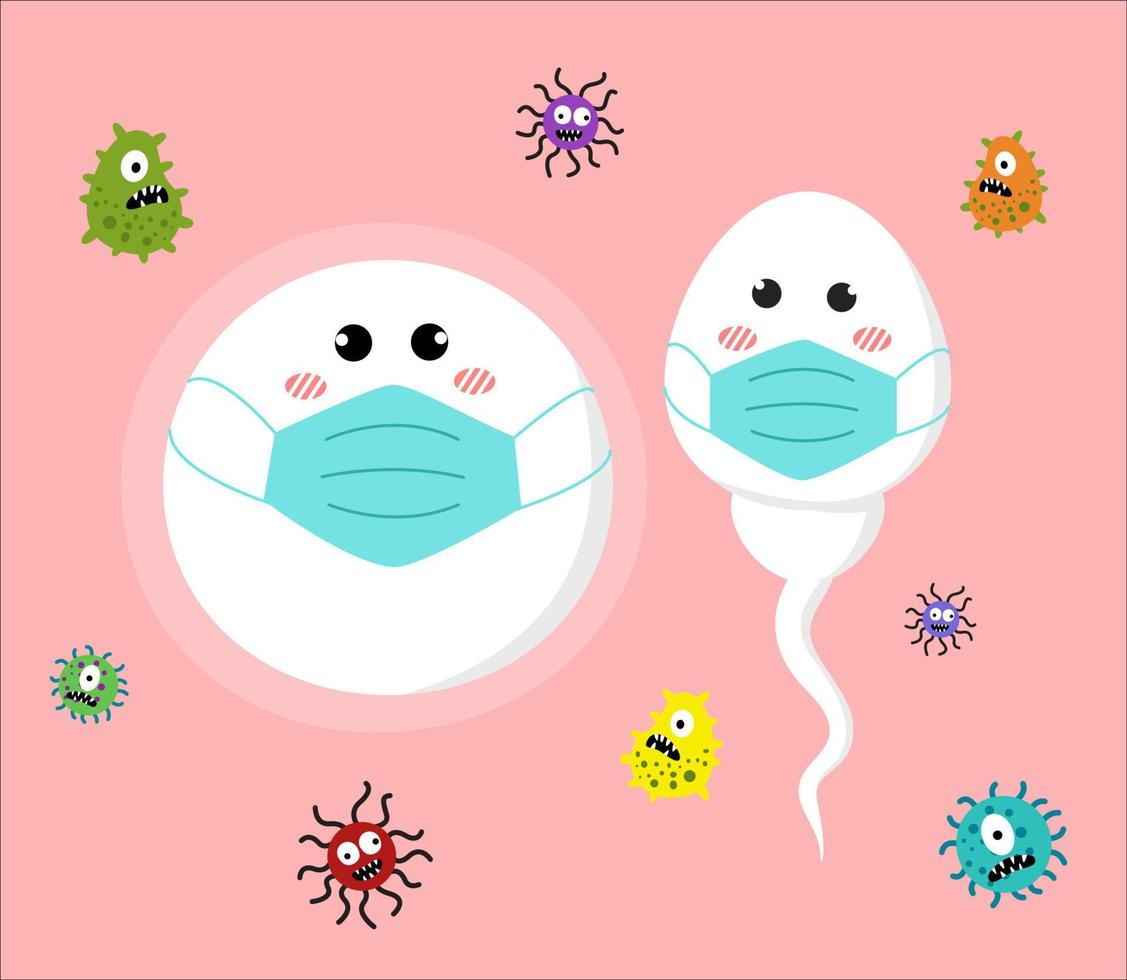 el esperma y el óvulo usan una máscara para proteger el personaje de dibujos animados de virus y bacterias. aviod virus y bacterias para ser un concepto saludable de espermatozoides y óvulos. ilustración vectorial vector