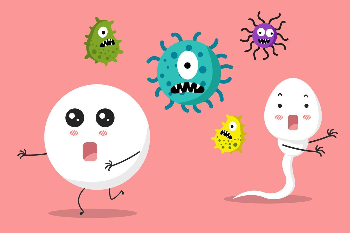 Sperm and egg run away from virus and bacteria cartoon character. Aviod virus and bacteria to be healthy sperm and egg concept. vector illustration.