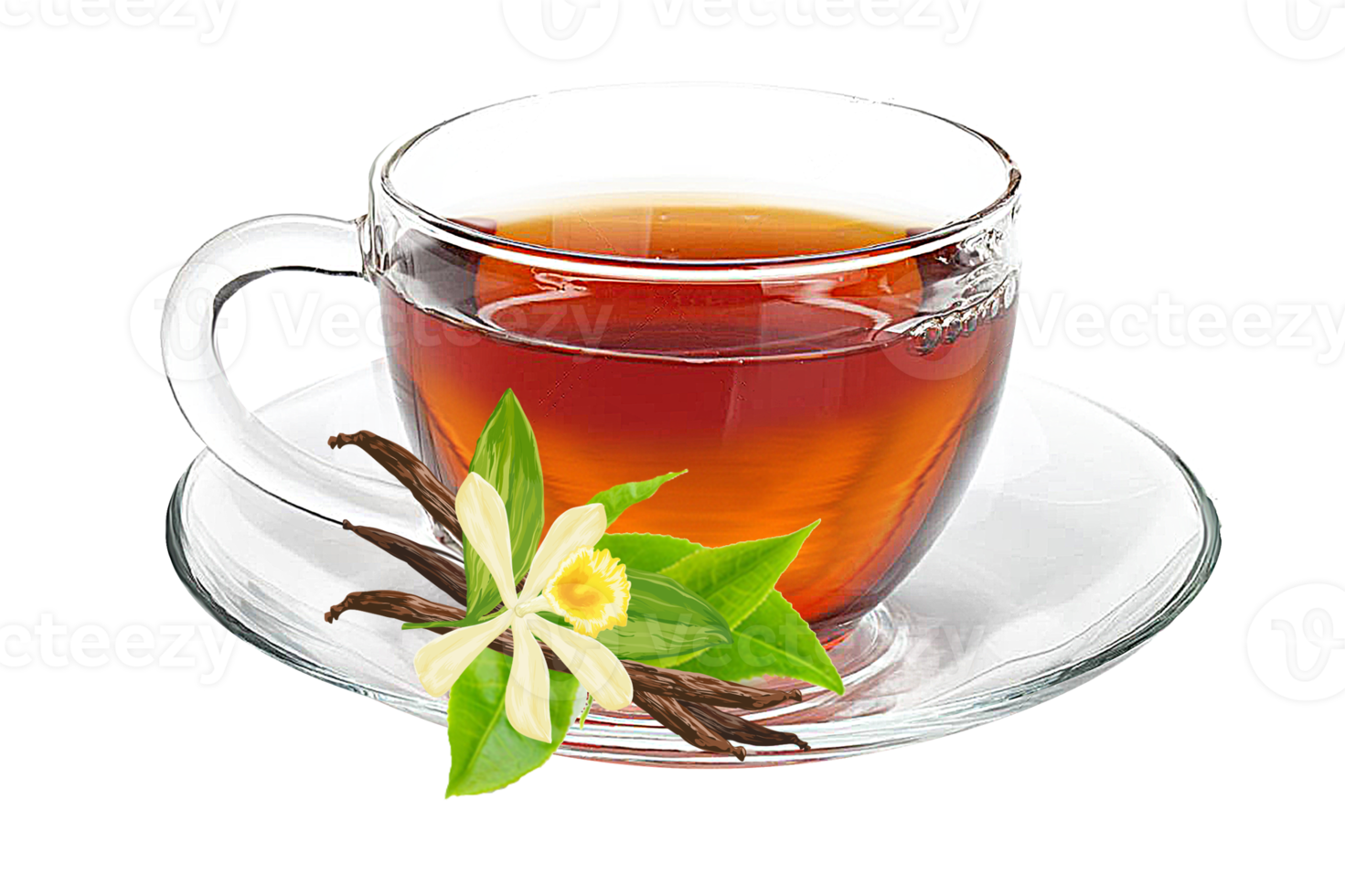 Cup of tea with fresh tea leaves on saucer transparant background PNG