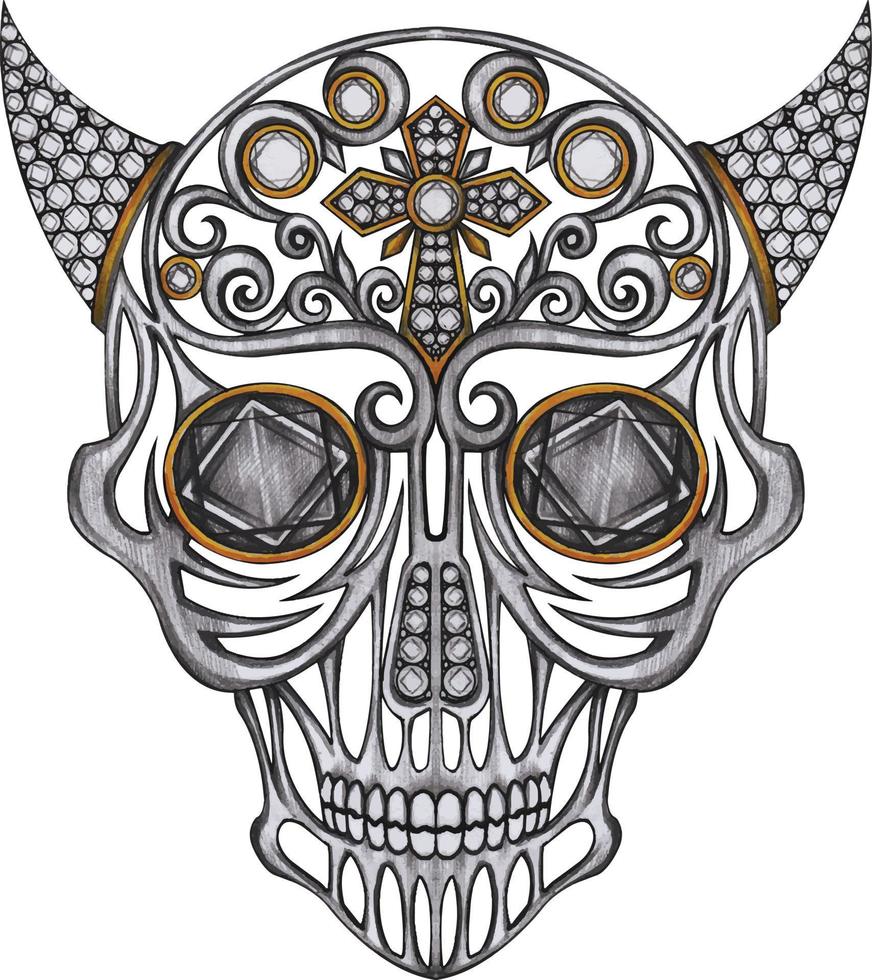 Art fancy devil skull mix diamond. Hand drawing and make graphic vector. vector
