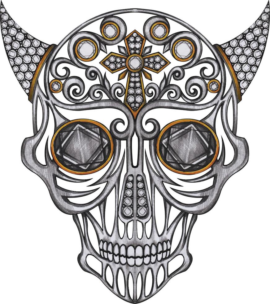 art fancy devil skull mix diamond. dibujo a mano y hacer vector gráfico.