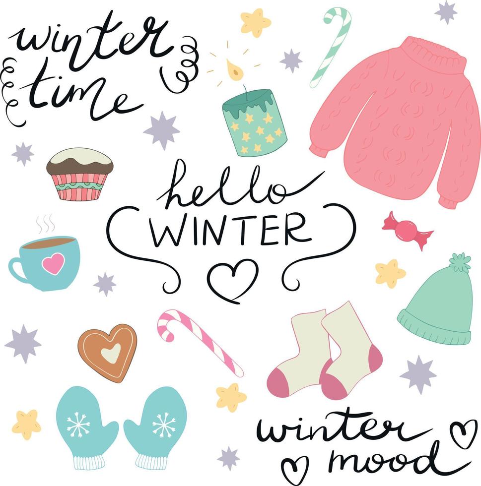 Winter mood attributes. Warm and cozy clothes and coffee kit. Hand drawn elements in cute style. Pack for greeting cards, stickers and print. Vector art