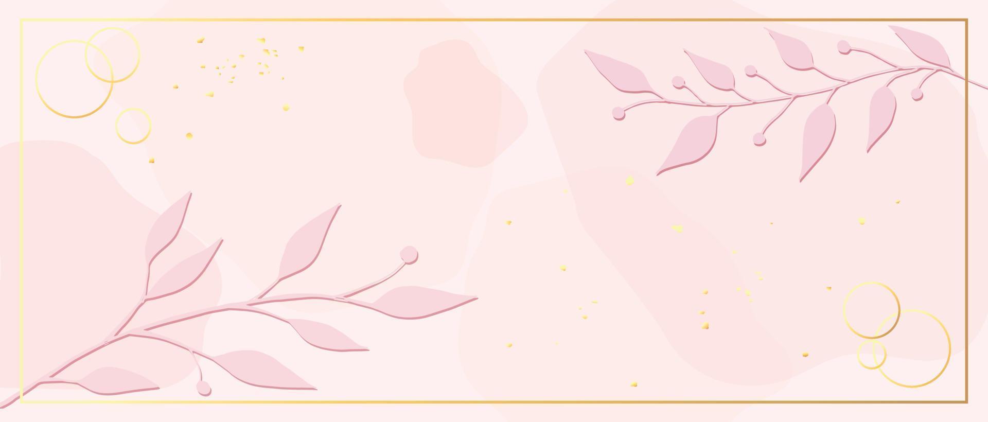 Elegant tender pink wallpaper with hand drawn branches and interspersed gold in a frame. Textured background. Suitable for save the date cards, invitations and wedding. Vector art