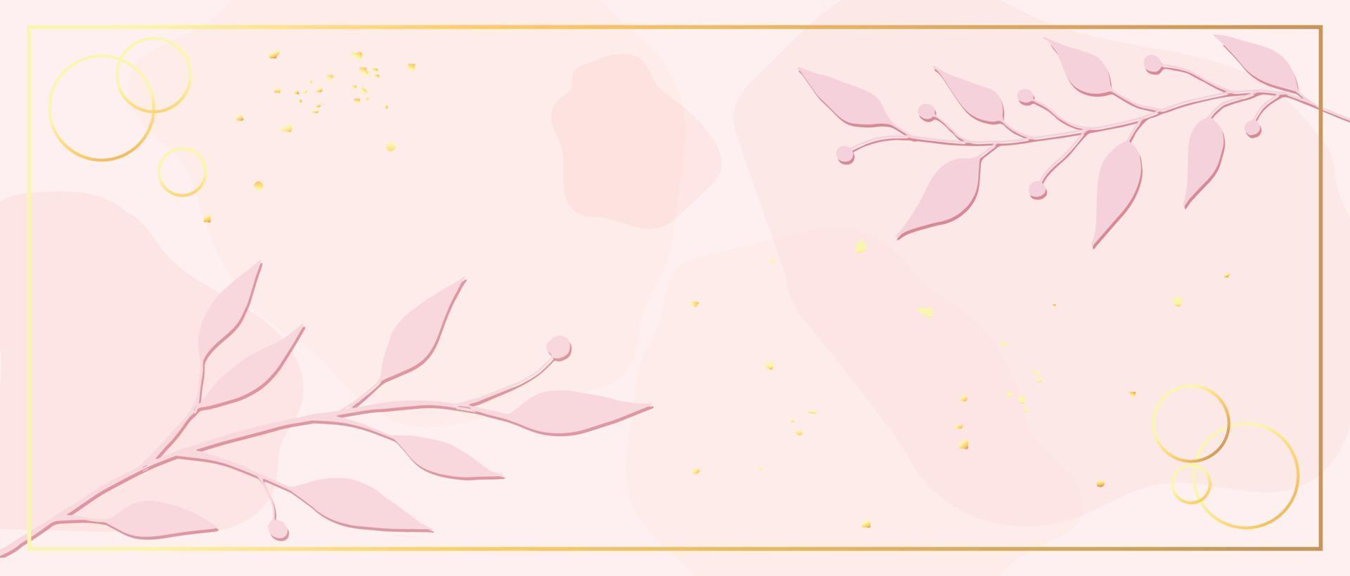 elegante papel tapiz rosa tierno con ramas dibujadas a mano y oro intercalado en un marco. fondo texturizado. adecuado para guardar las tarjetas de fecha, invitaciones y bodas. arte vectorial vector