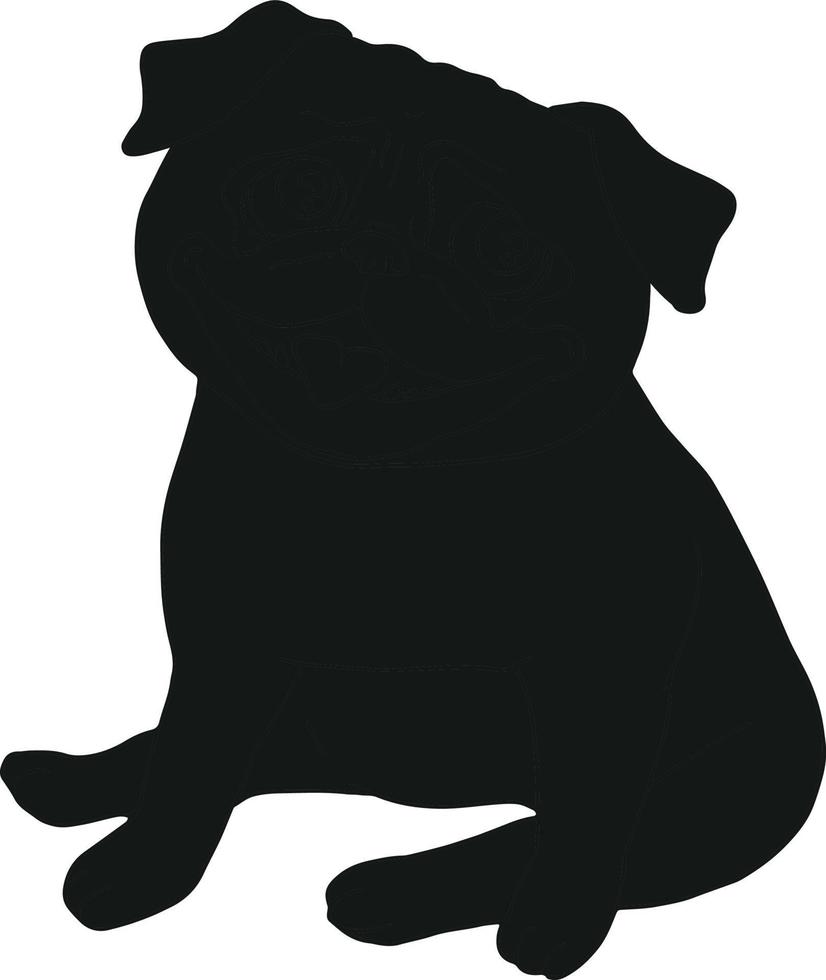 Funny sitting pug silhouette isolated on white background. Black hand drawn vector art of a dog. Simple vector illustration of a pet