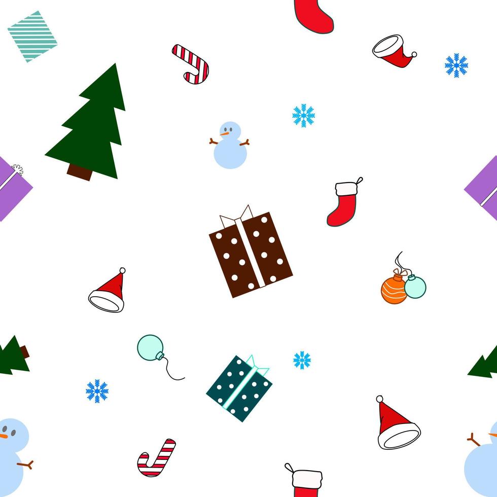casarse con el vector de patrón de Navidad. fondo del día de navidad para imprimir. el calcetín, la caja de regalo, el árbol de navidad, la nieve, la muñeca, el copo de nieve y el rojo de santa claus son componentes de la imagen. fondo de navidad.