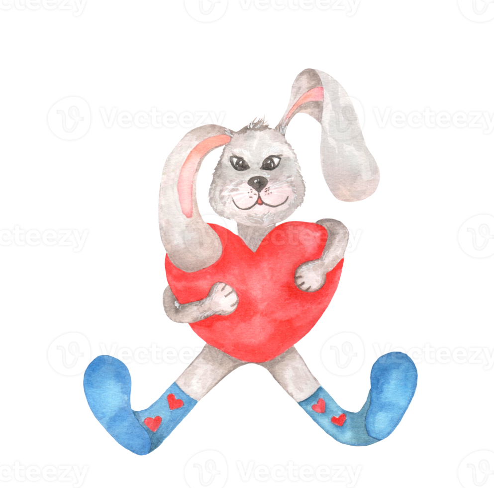 Watercolor grey rabbit with heart png