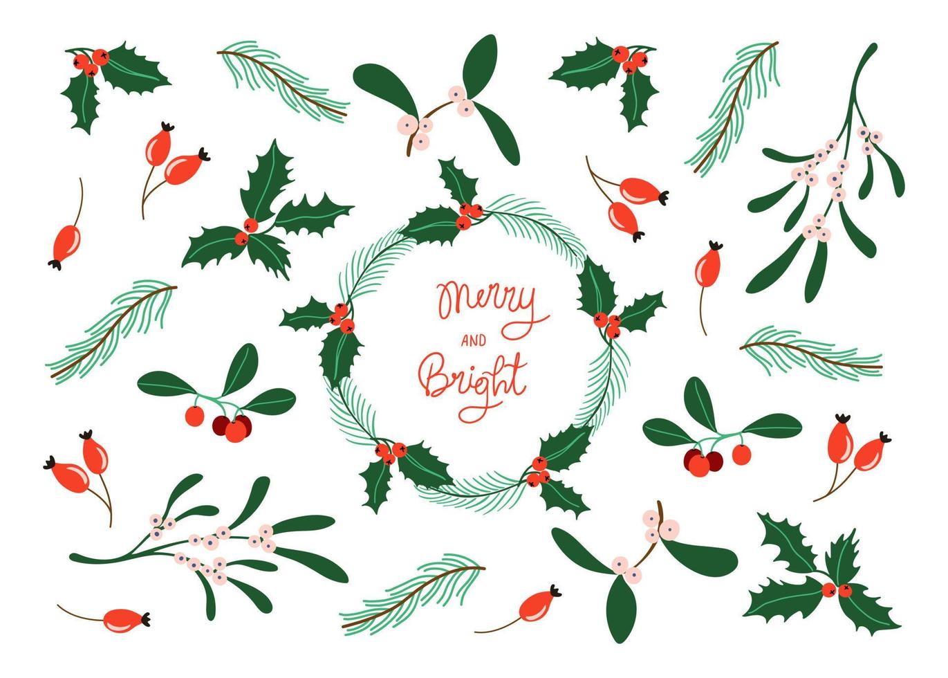 Christmas set with a variety of traditional Winter plant. Pine twigs, holly,  mistletoe, green wreath. Seasonal holiday decorations. Hand drawn vector illustrations.