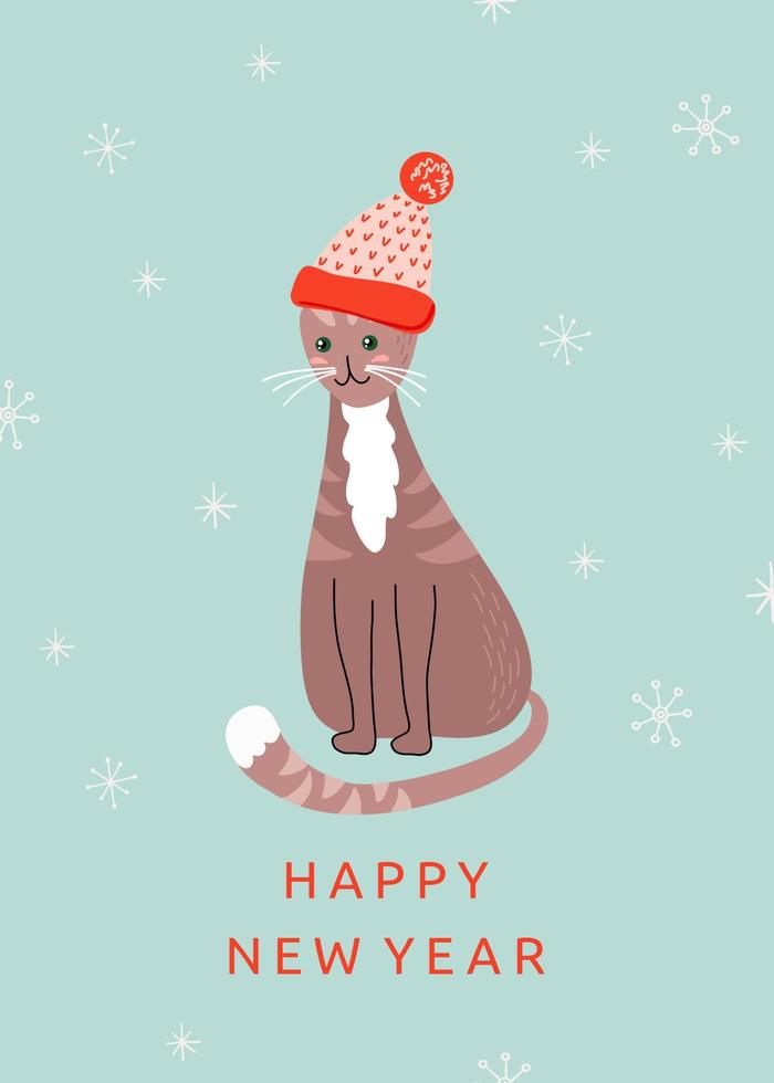 Happy New Year card with symbol of 2023 year. Cartoon sitting cat in knitted red hat. Cute Santa. Winter festive composition. vector