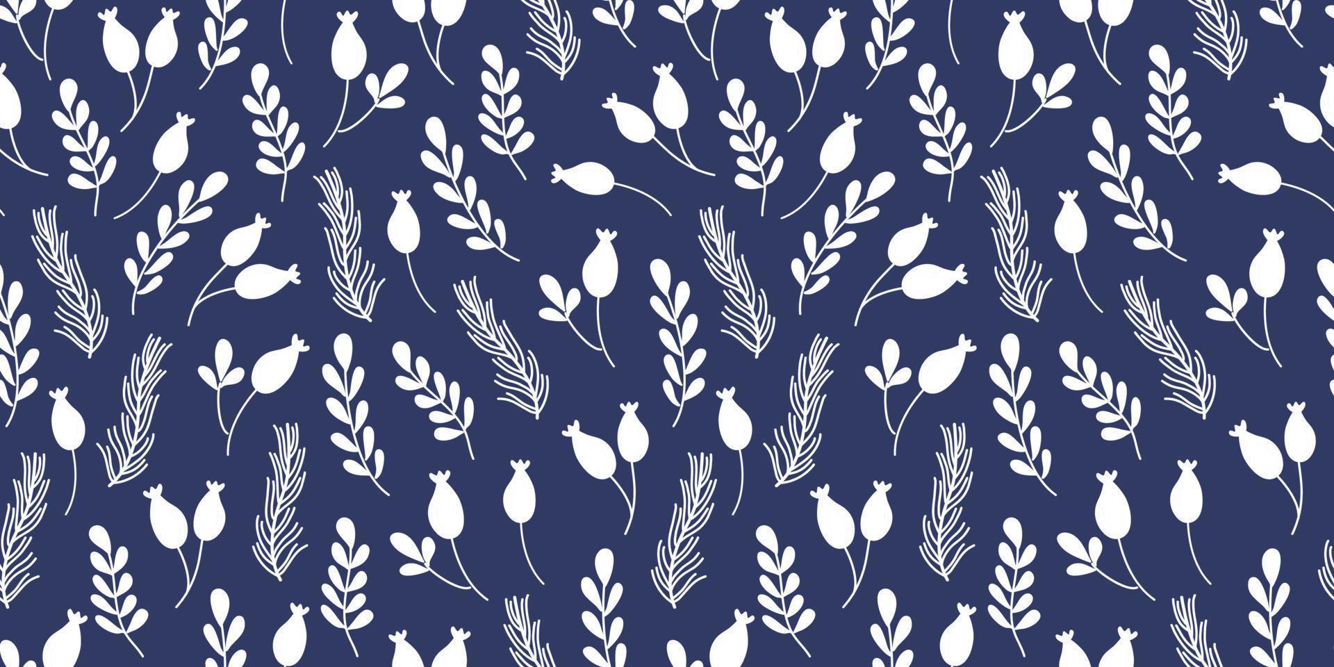 Seamless monochrome pattern with pine twigs, leaves and rose hip berries. Beautiful plant background. Vector illustration for wrapping paper, textile, scrapbooking.
