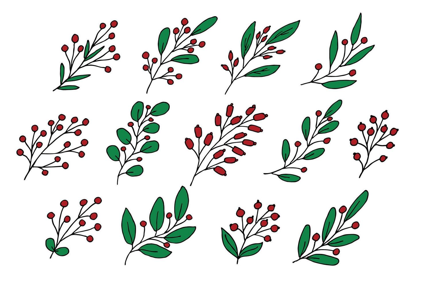 Hand drawn branch with berries clipart. Christmas doodle set. Winter design elements vector