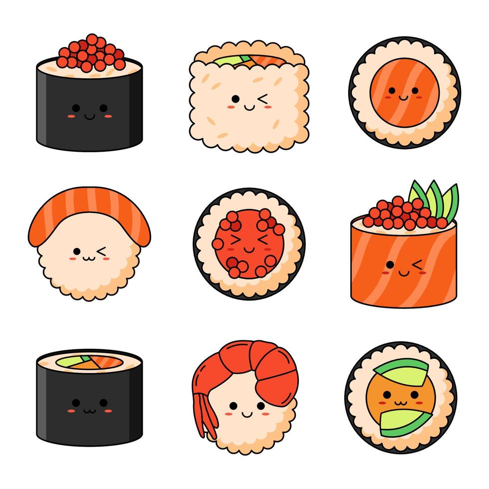 juego de sushi kawaii con cara sonriente y mejillas rosadas aisladas en un fondo blanco. estilo de dibujos animados japoneses. vector